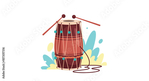 Traditional indian drum called dholak with playing wooden sticks and colorful abstract splashes in the background.