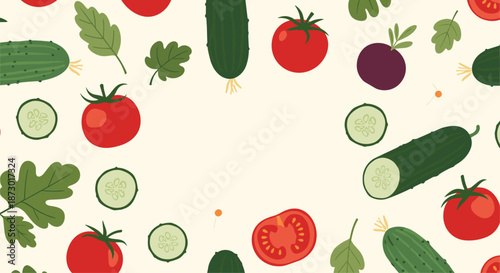 Fresh and healthy vegetable pattern with cucumbers tomatoes radishes and green leaves scattered on a light background.