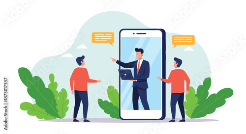 Business man giving a video presentation on a large smartphone screen with two people listening in a virtual meeting.