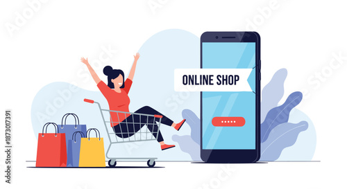 Happy young woman sitting in a shopping cart next to a large smartphone while celebrating successful online shopping experience.