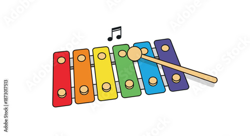 Colorful toy xylophone with rainbow keys and a wooden mallet producing musical notes on a plain white background.