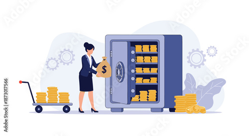 Businesswoman putting a large dollar money bag into a secure metal safe filled with stacks of gold coins for safety.
