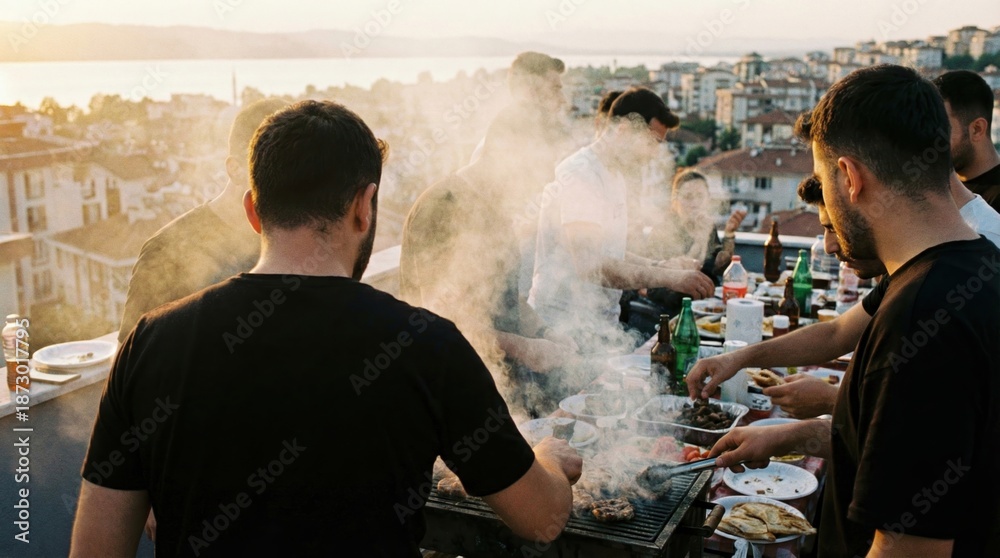 Naklejka premium Young men having a barbecue party on a rooftop with city view