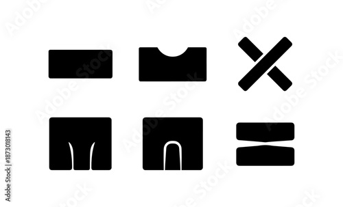 Collection of six black abstract geometric shapes and symbols on a white background