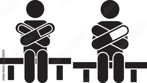 Silhouette of a Person Sitting on a Bench with Crossed Arms, Pictogram Set Illustrating Waiting, Boredom, or Impatience in Public Spaces.