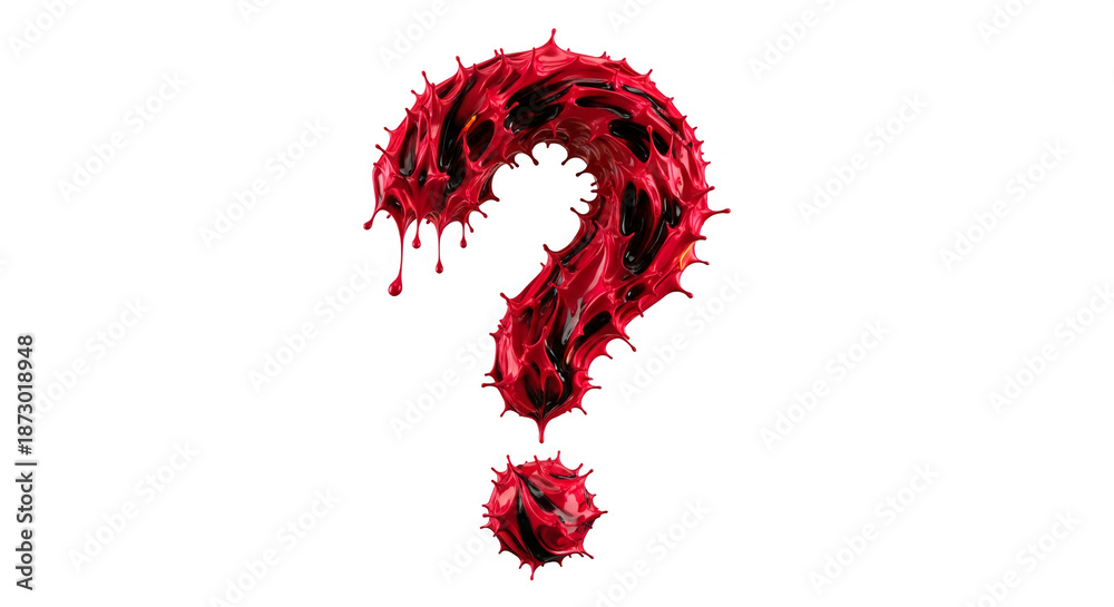 Fototapeta premium Isolated red question mark with dripping, glossy texture on a white background, representing uncertainty, curiosity and inquiry, perfect for design concepts