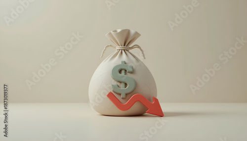 Financial loss and economic recession concept with 3D money bag and falling red arrow for stock market news banner