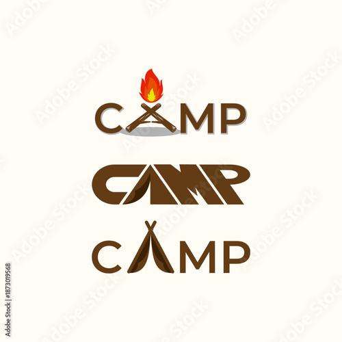 Camping adventure logo bundle with bonfire and tent elements, flat vector for outdoor branding