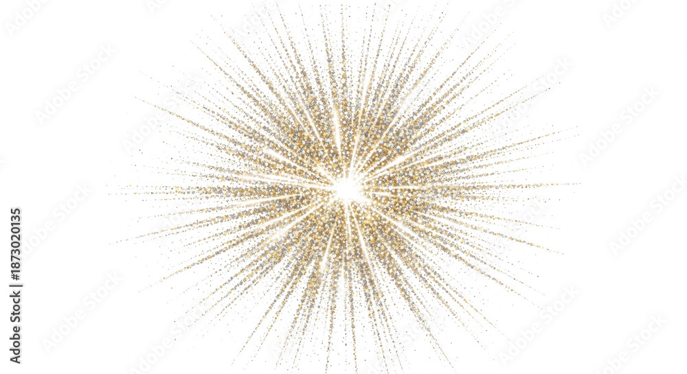 Fototapeta premium Golden glitter explosion bursting outwards with white streaks and particles isolated on a transparent background