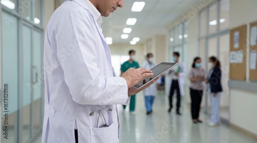 Medical professional using tablet in hospital corridor with patients and staff, showcasing healthcare, doctor, clinic, treatment, and medical environment