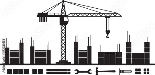 A construction site featuring a crane and various tools, set against an urban backdrop. This illustration highlights industrial progress and city development.