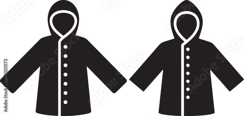 Simple Silhouette Vector Icons of a Hooded Raincoat, Representing Waterproof Outerwear, Fashion Apparel, and Weather Protection.