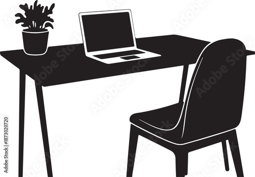 A sleek and modern home office setup featuring a laptop on a desk with a chair and a plant, perfect for remote work or productivity
