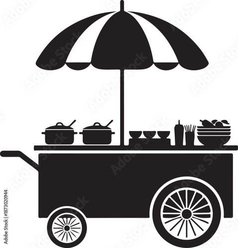 A street food cart with an umbrella providing shade for cooking pots and food, perfect for outdoor culinary business or market scenes