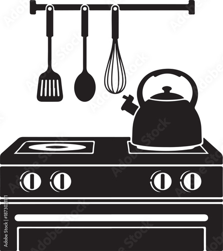 Elegant kitchen setup with essential cooking tools and modern stove