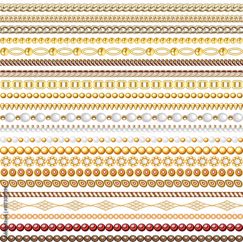 Illustration seamless pattern gold jewelry chains and beads borders isolated on white