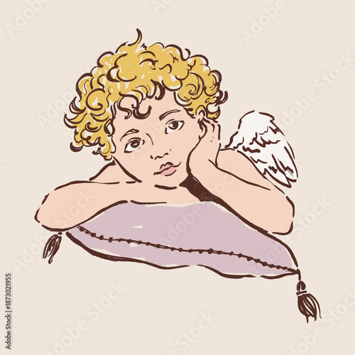 Colorful vector illustration of a cute Cupid angel with pillow. Romantic love symbol perfect for Valentines Day cards, wedding designs, posters, invitations and festive decor.
