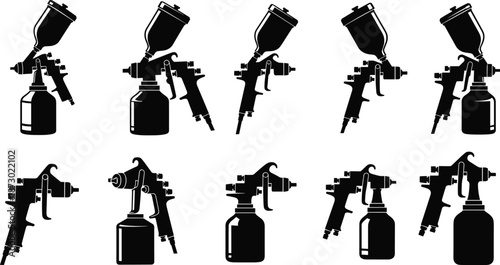 Collection of black silhouette paint spray gun icons, professional automotive airbrush equipment vectors for industrial coating, car painting, and artistic finishing projects.