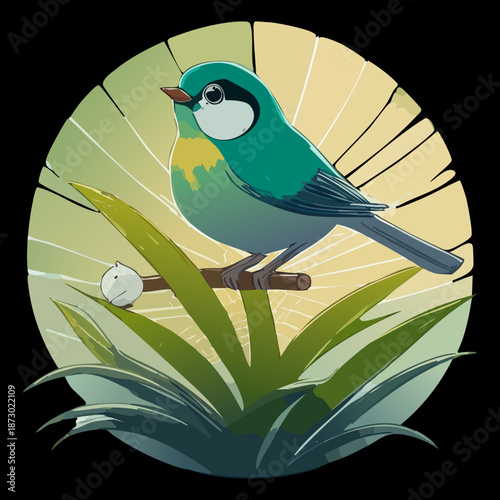 Blue and yellow tit bird illustration framed in a circular composition with green grass and morning dew