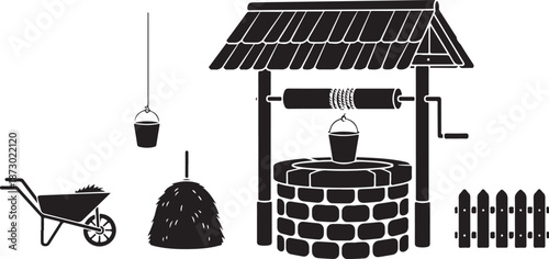 A charming rustic scene featuring a well, gardening tools, and a fence, evoking a sense of countryside serenity and natural beauty.