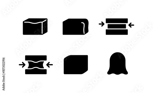 Set of icons illustrating material properties like elasticity, plasticity, and deformation