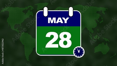 Calendar showing May 28th with a world map background and a clock date