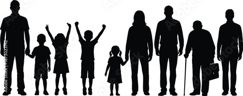 Family generation silhouettes standing together, children adults and seniors, human age diversity concept, life stages, society illustration, isolated