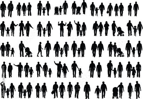 Family people silhouettes collection, parents children walking poses, crowd figures set, isolated black vector illustration, lifestyle, togetherness, parenting, concept