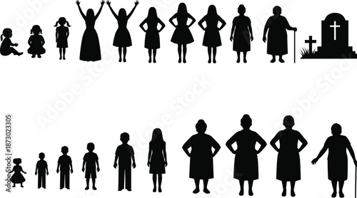 Female life cycle silhouette illustration, girl to elderly woman with grave, aging stages, lifespan journey, generation concept, isolated