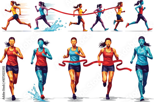 Female runners illustration set, marathon race action, athletic women running poses, fitness competition, finish line concept, dynamic motion, colorful vector art