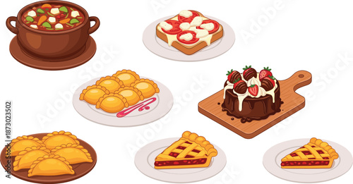 Food illustration set with vegetable soup tomato bruschetta meat empanadas chocolate cake and cherry pie slices on white background for menu