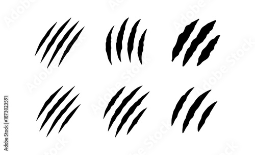 Collection of six black claw marks on a white background, representing animal scratches