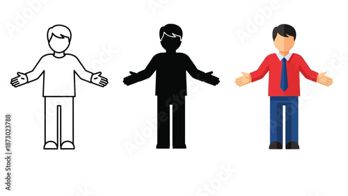 Three styles of a man figure with open arms outline, silhouette and full color business attire, representing welcome or uncertainty