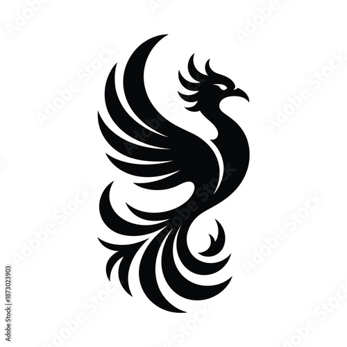 A striking black and white illustration of a mythical phoenix rising