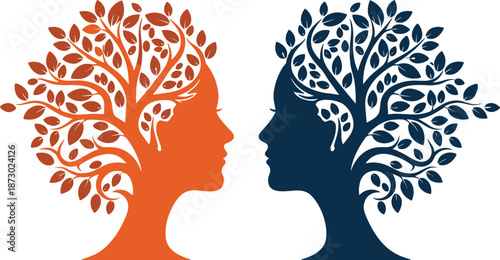 human face silhouette with tree brain, mental health concept illustration, psychology balance, creative mind nature connection vector design