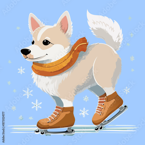 cute white corgi dog wearing orange scarf ice skating in snowy winter weather for christmas greeting card