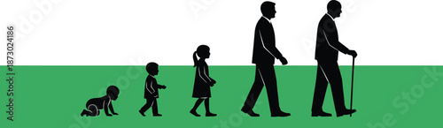 Human life cycle silhouette from baby to old age, growth aging stages concept, generational development timeline, family evolution illustration, isolated