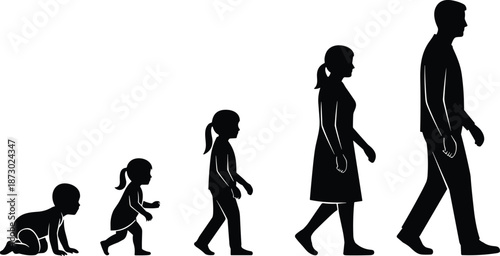Human life stages silhouette illustration, baby child teenager adult progression, people growth evolution concept, black isolated vector design, collection, graphic