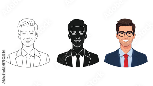 Set of three male businessman avatars in different styles outline, silhouette and full color with glasses