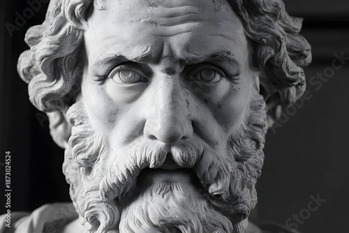 Wallpaper Mural A powerful classical marble sculpture reveals an ancient Greek bust portrait of a man. His weathered face is framed by a majestic beard, carved from stone, capturing a timeless, intense expression. Torontodigital.ca