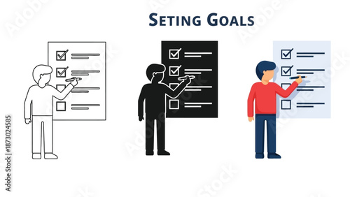 Seting goals concept person checking tasks a list three styles outline, silhouette and color illustration