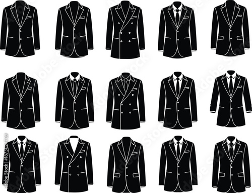 Men's suit jacket illustrations, fashion design reference, tailoring styles, formal wear variations, lapel types, button styles, black and white sketches