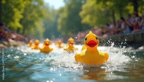Yellow rubber ducks compete in a race on a river. Summer outdoor activity involves many ducks. Community event provides fun for kids. Spectators watch the playful contest.