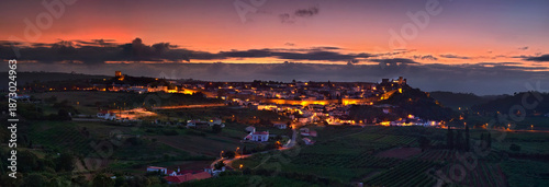 Panorama of the medieval town of Obidos, Portugal after sunset