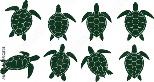 Sea turtle silhouettes collection, marine reptile top view poses, ocean wildlife illustration set, green turtle vector icons, nature, conservation