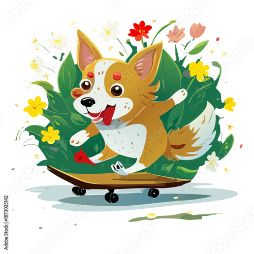 happy shiba inu dog character riding a wooden skateboard surrounded by colorful garden flowers and plants