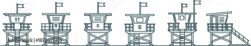 Beach lifeguard tower silhouettes set, coastal safety stations illustration, seaside rescue buildings collection, minimal line art, isolated white background