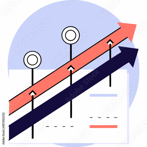 Corporate timeline graphic illustration of milestones in ascending arrows, teal and orange accents,