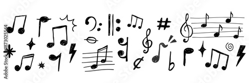 Music notes crayon chalk pencil elements in sketch style seamless border. Grunge texture. Whimsical music symbols, signs design element. 