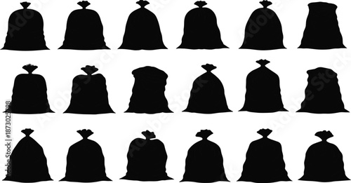 Black garbage bag silhouettes set, trash sack collection, waste disposal packaging shapes, plastic bag vector 